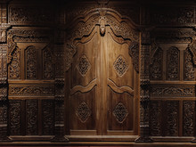 Javanesse Door With Javanesse Batik And Flower Pattern Is Carved On Wood Background