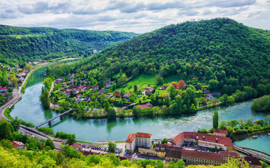 Poster - Aerial view to the old city from the citadel in Besancon of Bourgogne Franche Comte region in France.