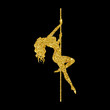 Gold glitter silhouette pole dance on a black background. Hand sketch exotic dance vector illustration. line clipart with text for logotype, badge, icon, logo, banner, tag, clothes