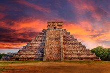 Sunset Over Kukulcan Pyramid At Chichen Itza, Mexico