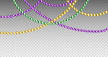 Vector Illustration Of Mardi Gras Beads In Traditional Colors. Decorative Glossy Realistic Elements For Design Mardi Gras. Beads Isolated On Transparent Background.