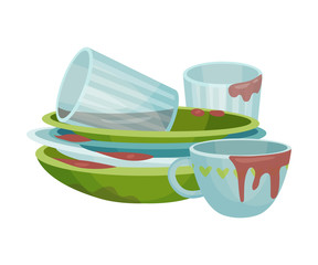 Stack of Dirty Dishes and Crockery Vector Illustration