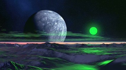 Wall Mural - Green Sun Rising. On a dark starry sky huge moon. A green sun slowly rises over the misty horizon. Low clouds float. Desert landscape reflects the sun's light.