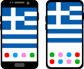 Two black smartphones with a home screen and wallpaper with the flag of Greece: old model with gray buttons and new model without buttons. Vector graphics, illustration