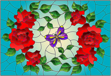 Illustration In Stained Glass Style With Red Flowers And Leaves Of  Rose, And Purple Butterfly On A Blue Background