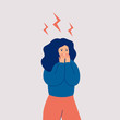 The young woman is in stress. Woman in shock, and lightning over her. Vector flat illustration