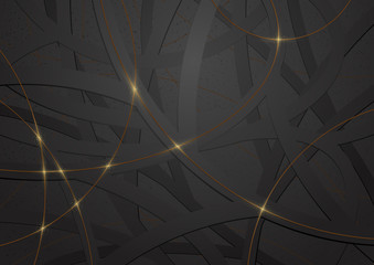 Abstract Geometric Black and Gold Background - Dark Circled Shapes with Golden Lines, Vector Illustration 