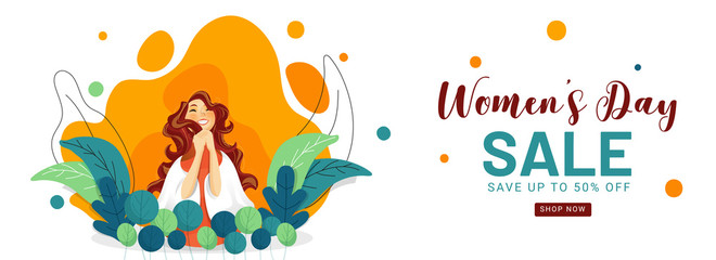 Poster - Women's Day Sale Header or Banner Design with 50% Discount Offer and Cheerful Young Girl on Nature Abstract Background.