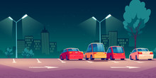 Cars On City Parking With Street Lights At Night. Vector Cartoon Illustration With Modern Automobiles Parked In Town And Cityscape On Background. Urban Landscape With Road, Vehicles And Buildings