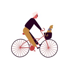 Sticker - Cartoon stylish male riding on bike with cat sitting in basket vector flat illustration. Trendy man on bicycle with pet animal isolated on white. Active pedaling guy bicyclist