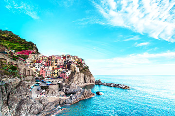 Wall Mural - beautiful magic colorful summer landscape on the coast of manarola in cinque terre, liguria, italy. 