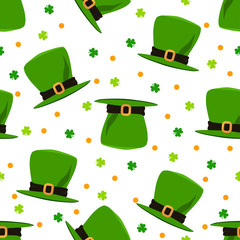 Wall Mural - St. Patrick's Day seamless pattern. Green Irish hat with clover on white background