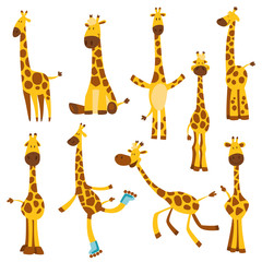 set of cheerful funny giraffes with long neck. height meter or meter wall or wall sticker from 0 to 