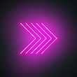 Neon arrow. Neon glowing purple arrow pointer on black background. Colorful and shining retro light sign. Vector illustration