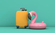 Summer holiday background with suitcase and pink flamingo. 3D Rendering