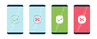 YES and NO buttons on smartphone screen. Tick and cross signs. Green checkmark OK and red X icons. Circle symbols. Simple marks graphic design. Vector illustration.
