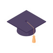 Square academic cap isometric. Vector illustration of graduation hat with golden tassel.