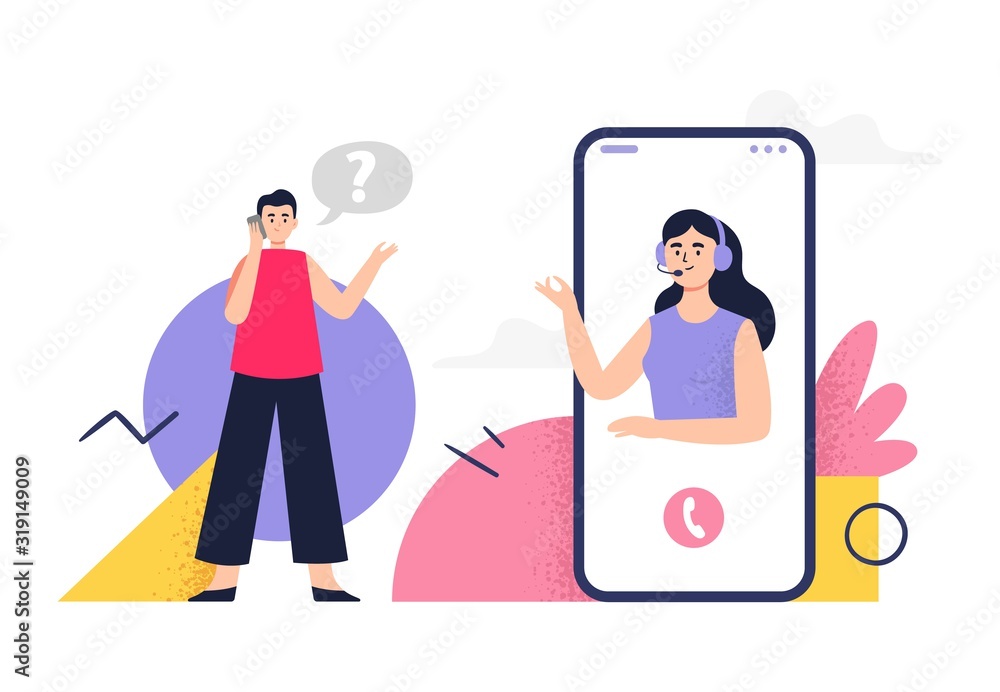 Customer service illustration. Cute woman in headphones, answers client phone calls and help him solve a problem. Flat Vector illustration good for telemarketing, call centers or helpline. - obrazy, fototapety, plakaty 