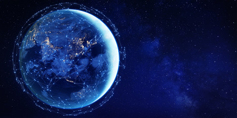 connected network around planet earth from space for global communication technology concept in asia