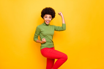 Poster - Turned photo of cheerful excited overjoyed ecstatic woman in red pants smiling toothily rejoicing in black friday upcoming isolated vivid color background