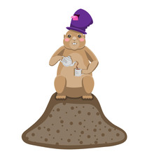 A Groundhog Pours Tea From A Teapot Into A Cup With A Top Hat On Its Head Standing On A Burrow On A White Isolated Background. Vector Image. Cartoon