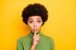 © deagreez - Close up photo of pretty cute sweet girlfriend showing you shh sign to stop your talking with forefinger touching lips isolated vivid color background