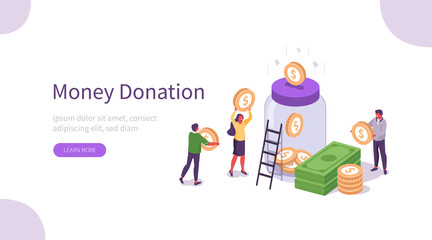 Canvas Print - People Characters Donate Money for Charity. Volunteers Collecting and Putting Coins And Banknotes in Donation Jar. Financial Support and Fundraising Concept. Flat Isometric Vector Illustration.
