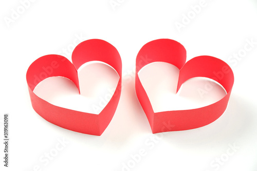 Couple of red paper hearts on white background isolated Pretty love, valentines day, womens day banner, offer, card, invitation, flyer, poster template.