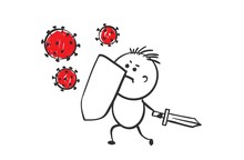 Battle With Disease. Vector Illustration, Funny Little Man Kills Flying Viruses.
