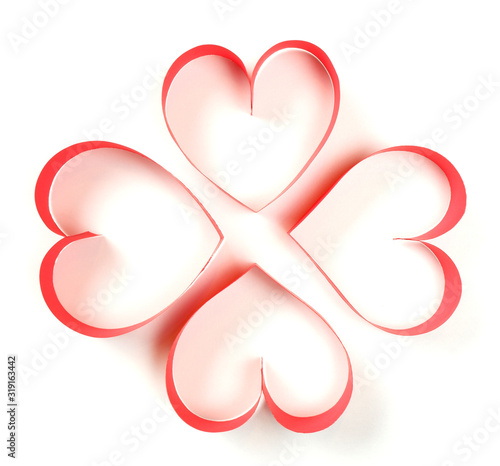 Four of red paper hearts on white background top view isolated. Good love, valentines day, womens day banner, offer, card, invitation, flyer, poster template.