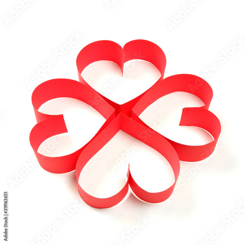Four of red paper hearts on white background isolated. Cute love, valentines day, womens day banner, offer, card, invitation, flyer, poster template.