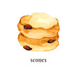 Scones with raisins. Watercolor hand drawn illustration isolated on white background.