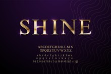 Vector Luxury Banner With Shiny Gold Modern Font. 3D Alphabet Model. Chic Capital Letters And Numbers On A Dark Background.