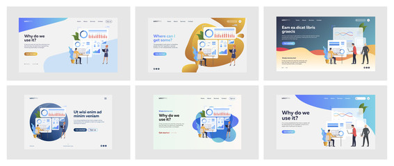 Set of business people making statistics. Flat vector illustrations of men and women using software. Report and analytics concept for banner, website design or landing web page