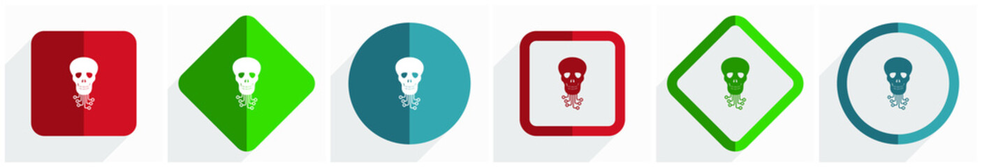 Aufkleber - Hack, virus, circuit, skull, hacker icon set, flat design vector illustration in 6 options for webdesign and mobile applications in eps 10