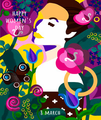 Wall Mural - Happy Women's Day on March 8th. Abstract vector illustration of a female portrait and flowers and plants. Woman drawing for poster, card or background