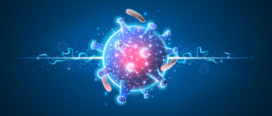 Virus cell. Immunology, new strain epidemic, infection pathogen concept. Abstract polygonal image on blue neon background. Low poly, wireframe, digital 3d vector illustration