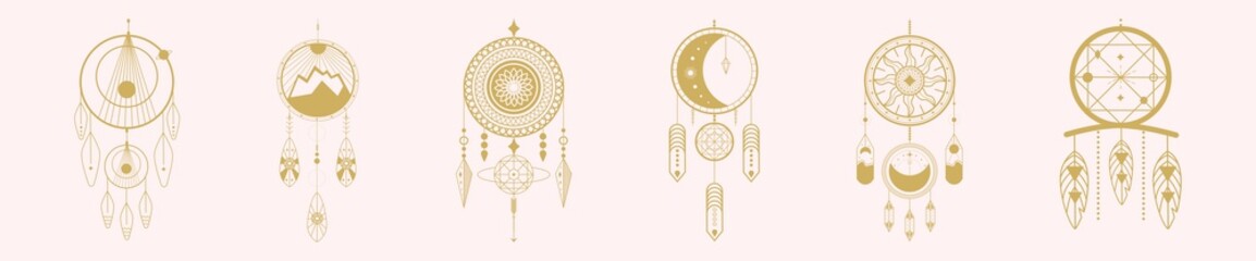 Wall Mural - vector set of dream hunters on a pink background. trendy vector illustration.