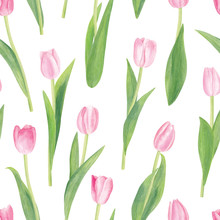 Watercolor Pink Tulips With Green Leaves Seamless Pattern. Isolated Flowers On White Background. For Cards, Textile, International Women's Day, 8th March, Mother's Day, Spring And Summer Theme.