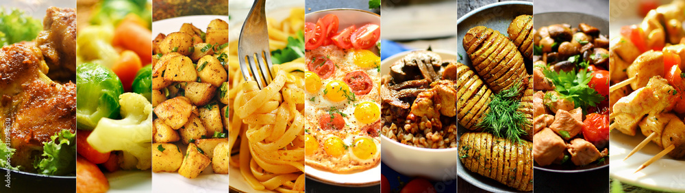 Varied food. Assortment of dishes from vegetables, meat and pasta. Delicious food made from chicken meat and vegetables. - obrazy, fototapety, plakaty 