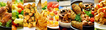 Varied Food. Assortment Of Dishes From Vegetables, Meat And Pasta. Delicious Food Made From Chicken Meat And Vegetables.