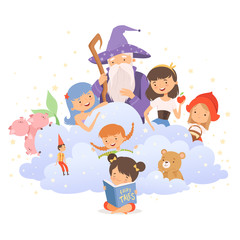 Sticker - Little Girl Holding Opened Book Reading Fairy Tale with Fairy-tale Characters Sitting Behind Her Vector Illustration