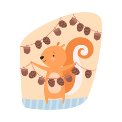 Poster - Squirrel Engaged in Hanging Acorns on the Rope Vector Illustration