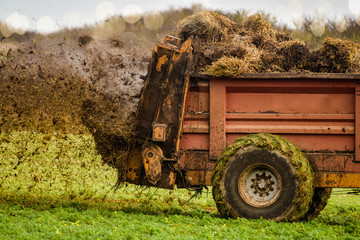 Sticker - farmer spreading manure in fields in autumn