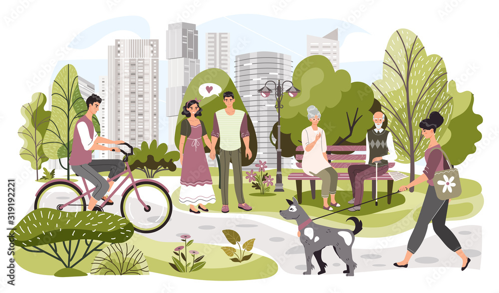 People in city park, weekend leisure in nature, vector illustration. Summer park in modern metropolis, woman walking dog, man riding bicycle, elderly couple sitting on bench. Active lifestyle in city - obrazy, fototapety, plakaty 