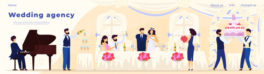 Wall Mural - Wedding banquet in restaurant, catering agency website design, vector illustration. Romantic couple celebrating wedding, happy bride and groom at table with guests. Catering service for banquet event