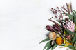 canvas print picture - Beautiful flat lay floral arrangement of mostly Australian native flowers, including protea, banksia, kangaroo paw eucalyptus leaves and gum nuts on a white background. Space for copy.