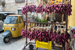  Italian street market of red onions in Calabria, Italy