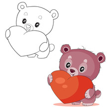 Set Of Cute Little Bear Hugs A Big Red Heart In Color And In Outline And Wants To Give It For A Holiday As A Sign Of Love,