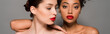 panoramic shot of attractive multiracial girls with red lips, isolated on grey